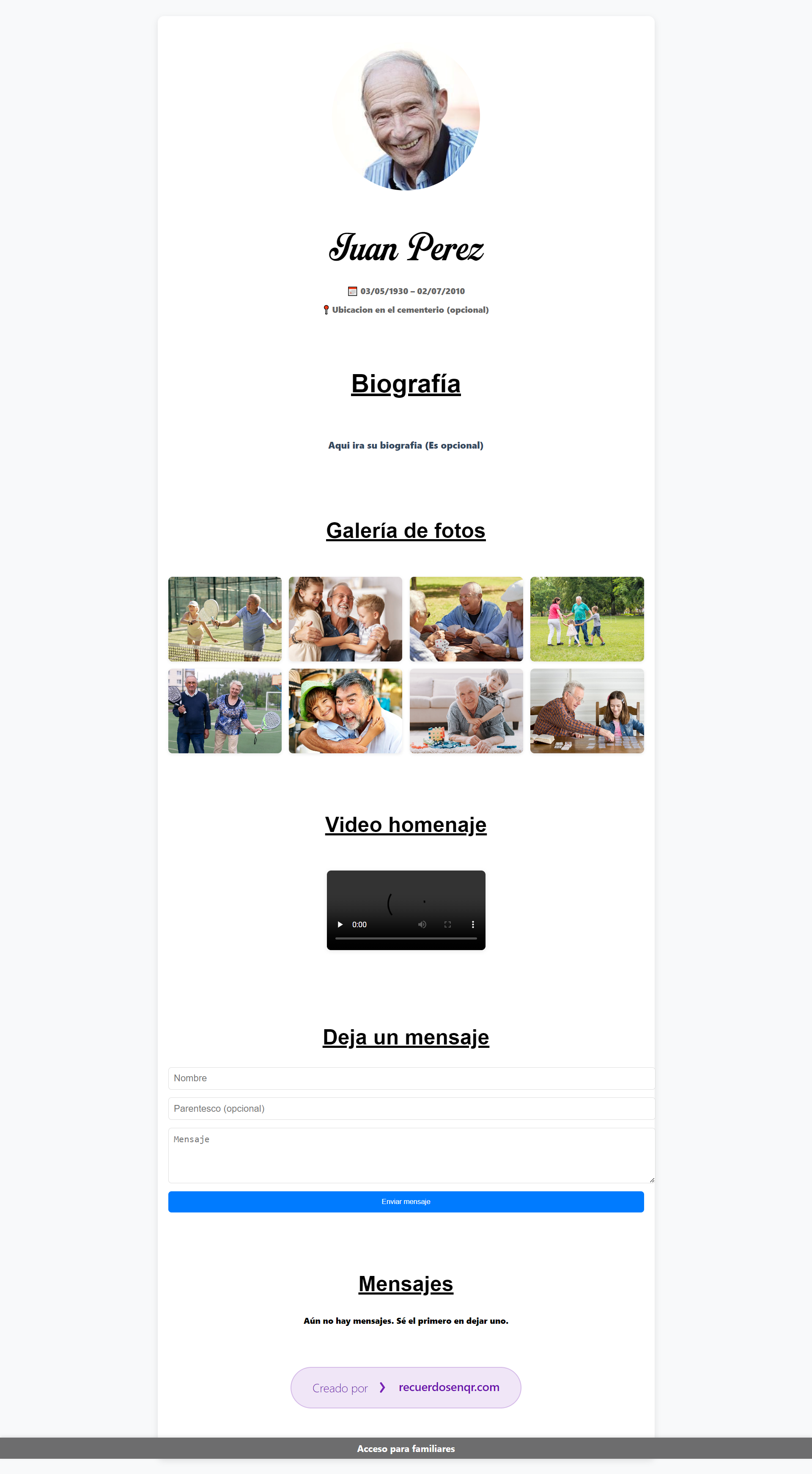 Vista previa de la página conmemorativa
